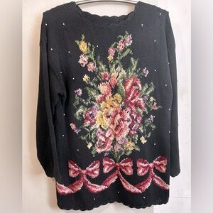 Womens black cotton floral embroidery sweater tunic cottagecore Size L-XL